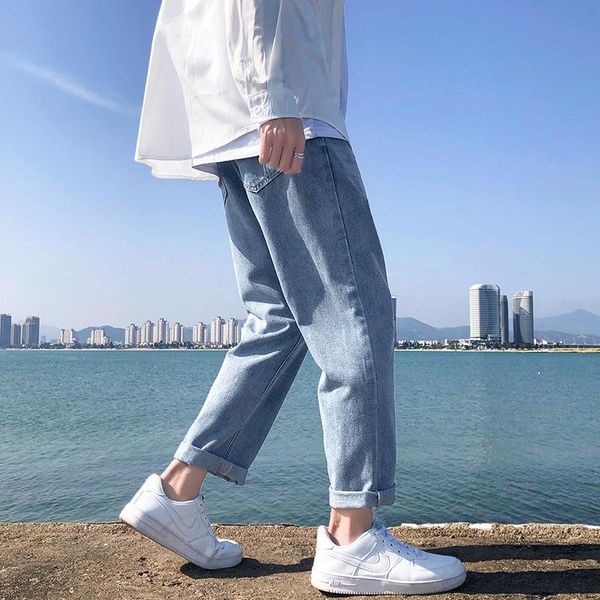 

fashion casual jeans men loose straight tube thin broad-legged men casual nine-point pants trendy trousers, Blue