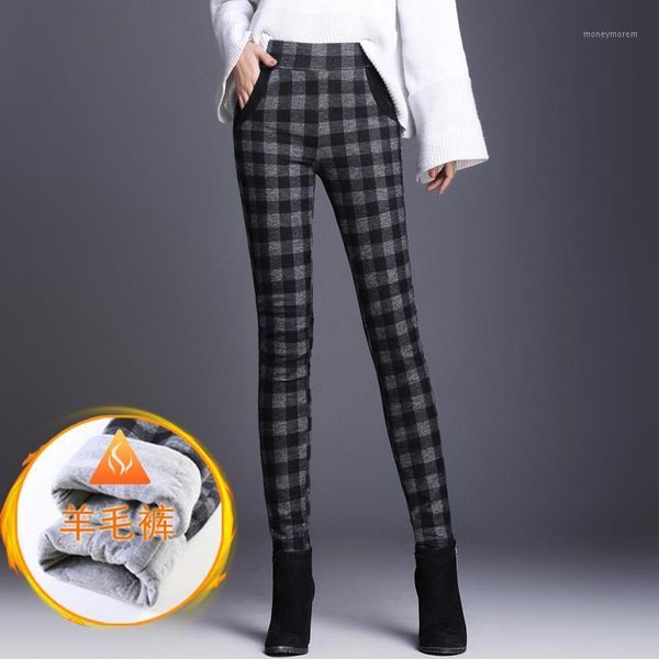 

women's pants & capris 2021 style fashion women winter wool thickening keep warm high waist plus size pencil striped trousers1, Black;white