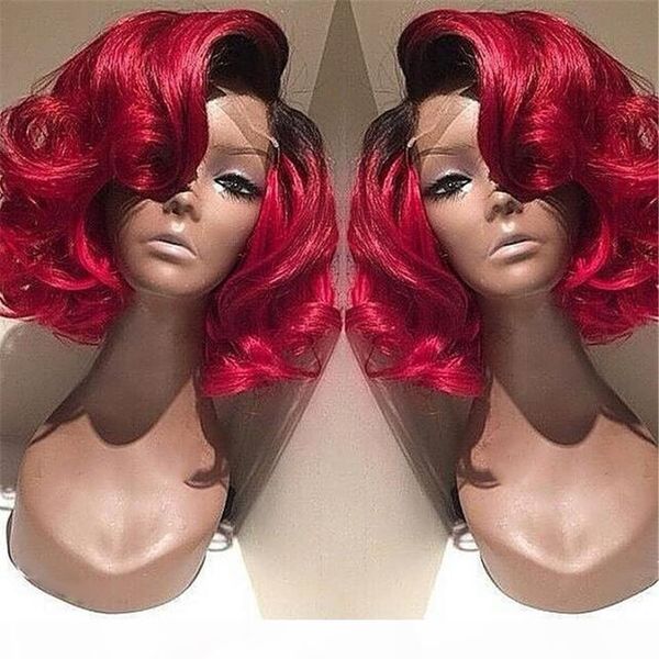 

99j red virgin human hair 150% short lace front wigs with bang red peruvian bob full lace ombre wigs for black women, Black;brown