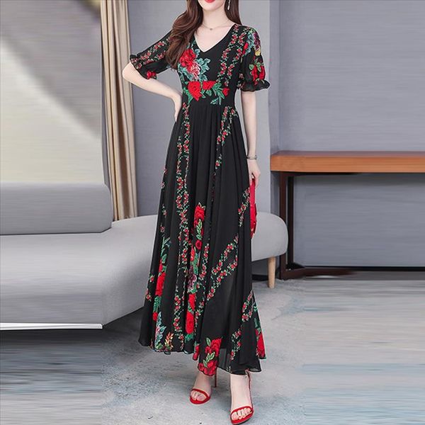 

women summer long dress fashion summer lady v neck puff sleeve retro printing elegant dress women beach dresses sukienki new, Black;gray