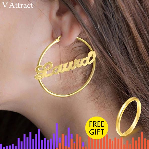 

v attract custom jewelry personalized name large earrings for women hiphop brincos stainless steel big circle round bijoux aros t200225, Golden