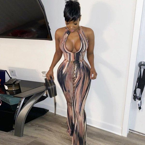 

women print zipper flare pants jumpsuits fashion skinny halter sleeveless stand collar jumpsuit1, Black;white