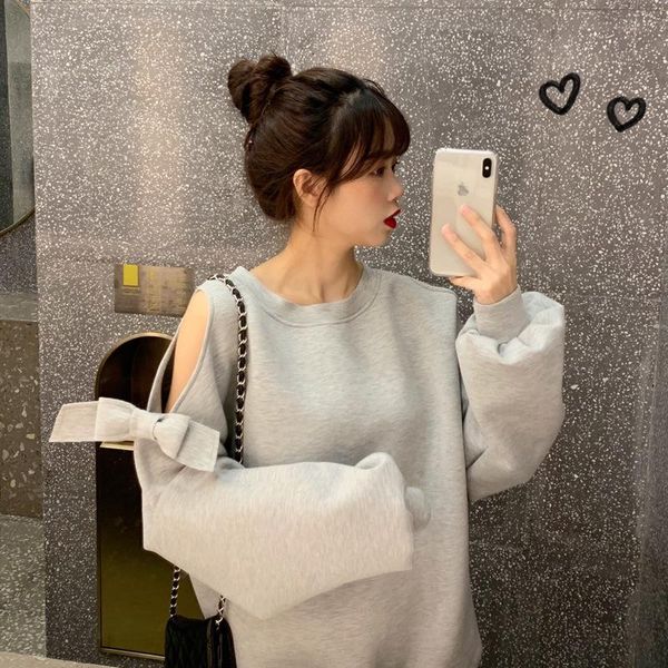 

p shoot 2020 new style fashionable charade loose-fit bow off-shoulder thin hoodies new style sense of design, White