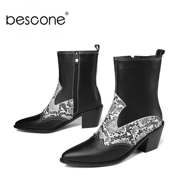 

boots bescone women shoes stylish elegant mid-calf ladies pointed toe thick middle heel serpentine decoration bm576, Black