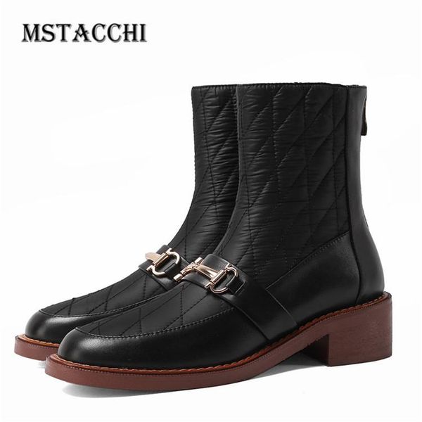 

mstacchi женского шитье металл украшение лоскутного boots отдых женщина зима круглый toe zipper bottes элегантные плоские ботильоны, Black