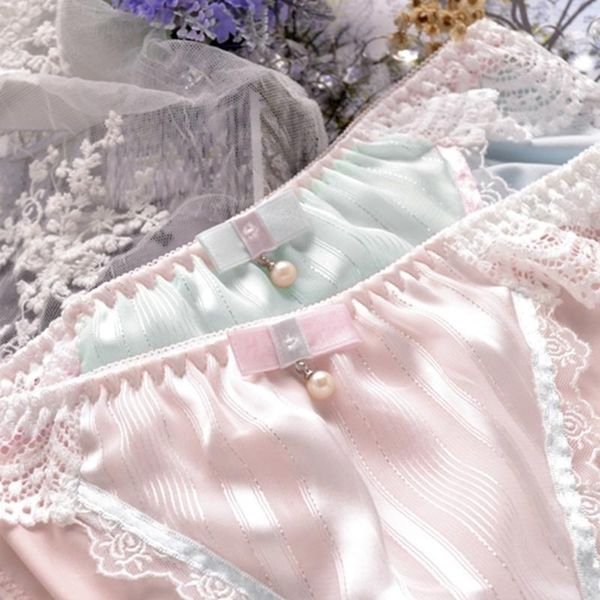 

women milk fiber low rise panties bow pearl floral lace lolita briefs underwear y3ne, Black;pink