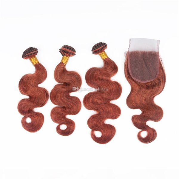 

#33 dark auburn brown virgin hair extension with part lace closure brazilian colored #33 body wave 3bundles with lace closure 4x4, Black