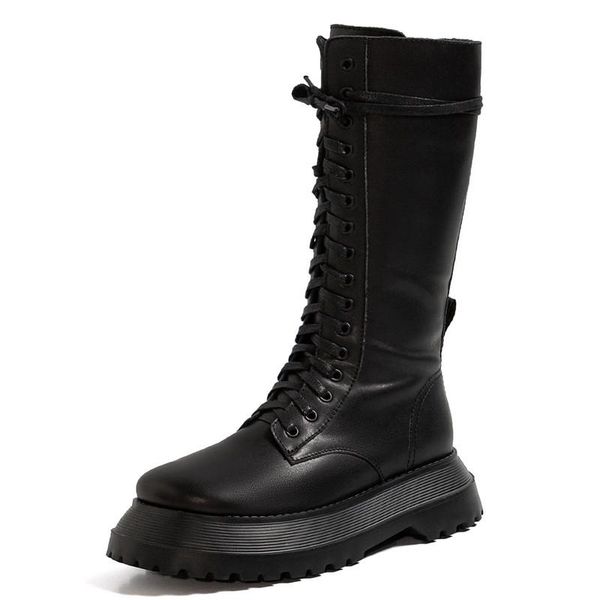 

genuine leather knee high boots shoes woman winter warm long buckle boots fashion party night club 2020 side zipper women shoes, Black