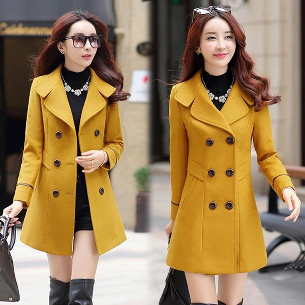 

casual women blend 2020 new yellow autumn and winter coat double-breasted woolen jacket coat female, Black