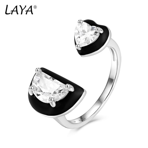 

laya silver open solitaire ring for women pure 925 sterling silver heart-shaped moon-shaped created crystal glass black enamel jewelry 2022, Golden;silver