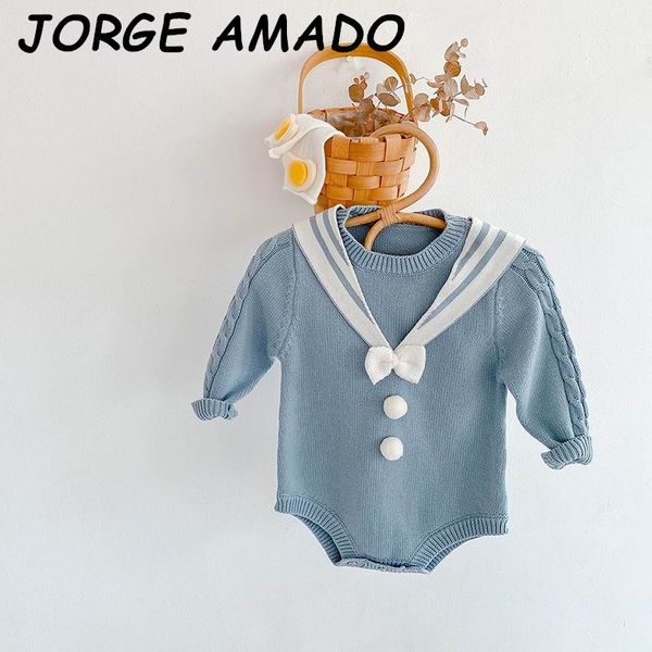 

2020 autumn new baby girl bodysuit sailor collar long sleeve knitted sweater jumpsuit newborn clothes 0-2y e8020, Blue