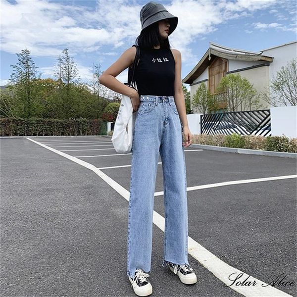

women's jeans 2021 autumn high-waisted wide-leg loose and irregular straight leg pants, Blue