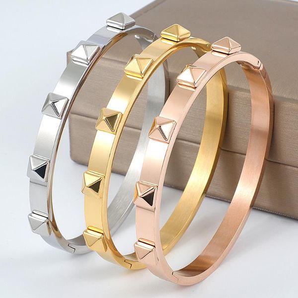 

stainless steel jewelry 6mm width 5 pyramid charms bangle gold color rivet bracelet for men women fashion jewelry, Black