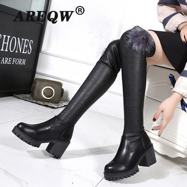 

areqw 2020 women casual over the knee boots shoes winter women female round toe platform high heels pumps warm snow boots, Black