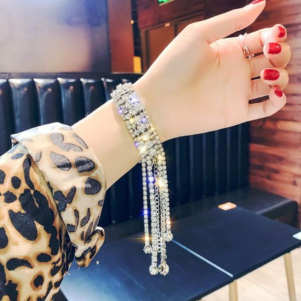 

fashion full rhinestone bracelet glitter gloss bracelet shiny long tassel crystal charm statement bangles jewelry, Black