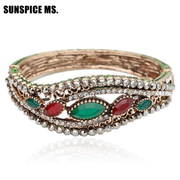 

sunspicems elegent banquet turkish women vintage rhinestone bangle antique gold color ethnic wedding jewelry, Black