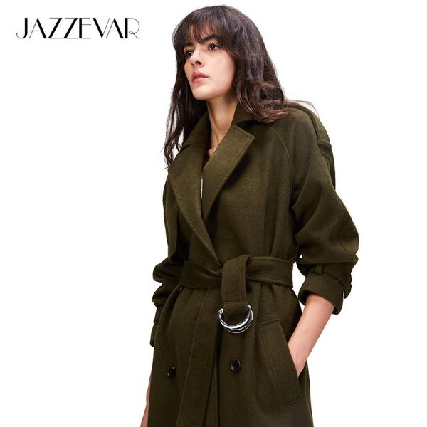 

jazzevar 2020 autumn winter new women's casual wool blend trench oversize double breasted x-long coat with belt 860504 c1111, Black