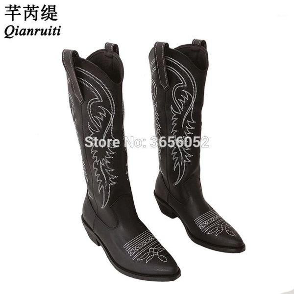 

boots qianruiti black white blue red embroidered leather botines mujer 2021 autumn winter shoes women western cowboy long riding boots1