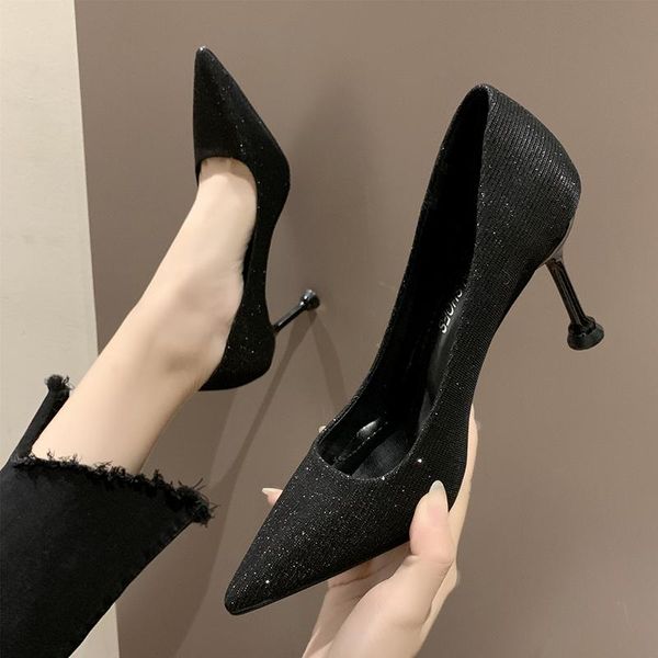 

fashion women's shoes korean shallow mouth sequins high heels thin heels pointed single shoes elegant wedding pumps, Black