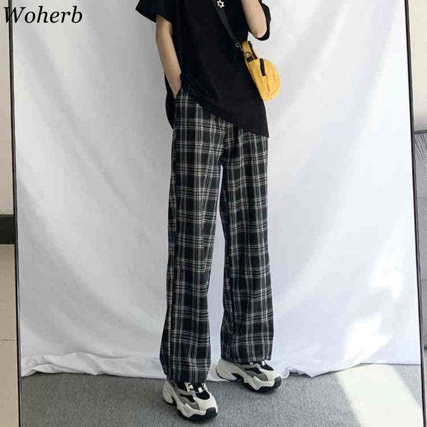 

woherb vintage plaid pants women 2020 new harajuku ankle length wide leg pants korean streetwear girls trousers pantalon femme c1111, Black;white