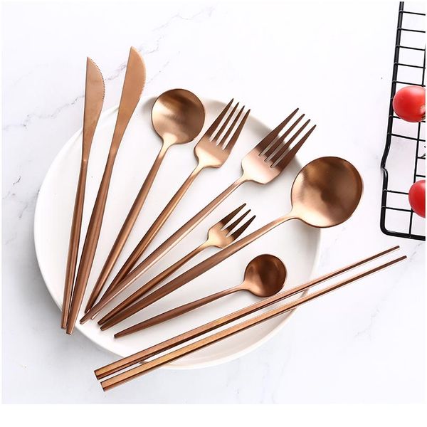 

rose gold cutlery set butter knives chopstick steak knife fork coffee spoon teaspoon home party travel wedding noble t bbyaye