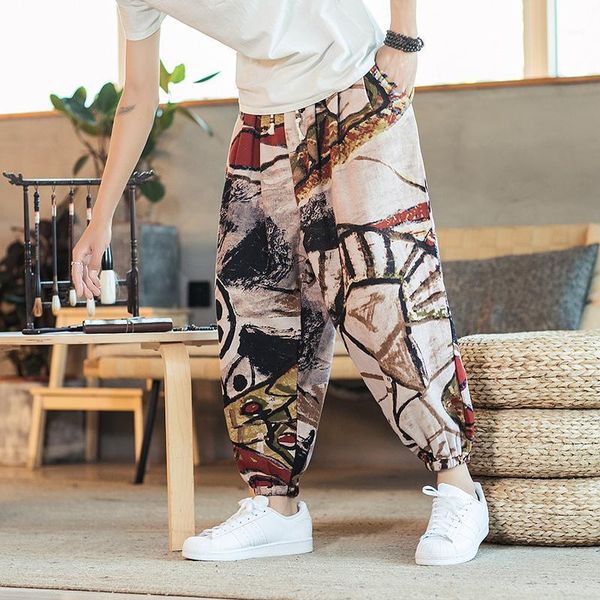 

men harem pants printed vintage streetwear cotton 2020 casual trousers men baggy joggers drawstring pants plus size 5xl1, Black