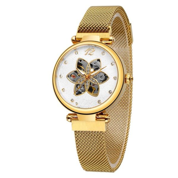 

new womens watch brand diamond wrist watch gold mesh waterproof female clock wristwatchs fashion watchs casual hollow mechanical mesh b, Slivery;brown
