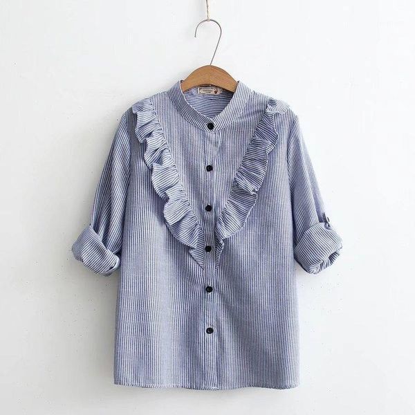 

new autumn japan style shirts women fresh stand collar long sleeve ruffles patchwork striped 100% cotton blusas for student girl1, White