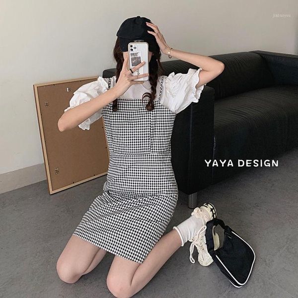 

one piece/set can be salt sweet dungaree dress female summer 2021 new slim slimming tartan skirt two-piece set1, White;black