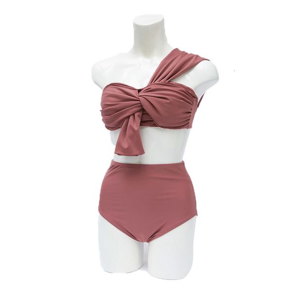 

2021 new summer korean bikini pattern lean shoulder small chest gather high waist covering stomach split swimsuit 9t7i, White;black