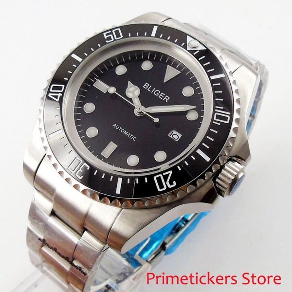 

44mm bliger black dial luminous marks date stainless steel strap automatic movement wristwatch1, Slivery;brown