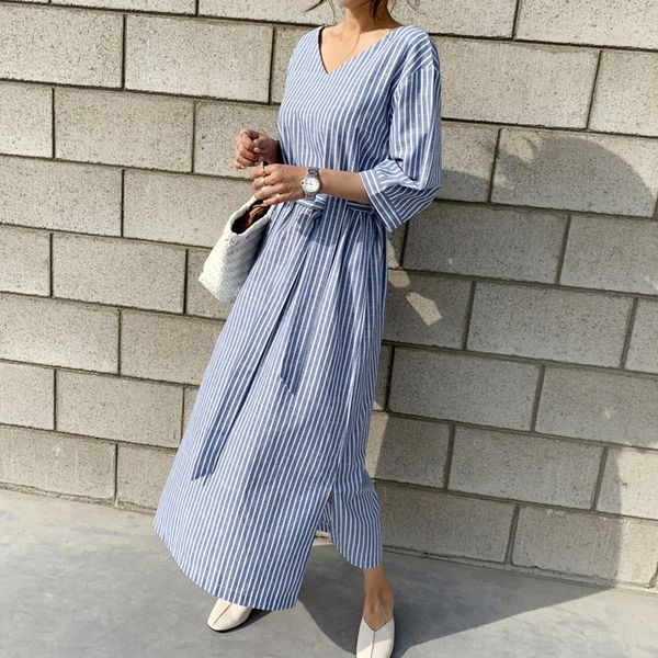 

hong kong style lazy style v-neck mid-length long skirt long skirt striped cotton and linen knee-length dress women's wg6025 bjajk, Black;gray