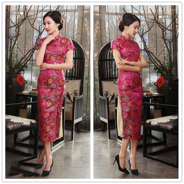 

evening party dress for women design vintage flower tang suit slim women's satin cheongsam traditional chinese dress1, Red