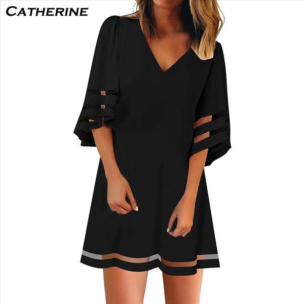 

2021 elegant white dress women womens v neck mesh panel blouse 3 4 bell sleeve loose summer dresses casual plus size dress, Black;gray