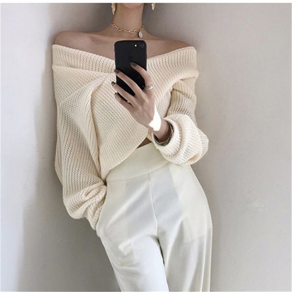 

olorfaith 2020 autumn winter women pullover v-neck off shoulder sweater knitted stylish casual korean female jumpers lj201127, White;black