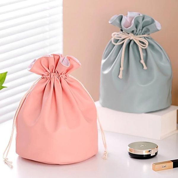 

1 pc women drawstring makeup bag pu leather waterproof cosmetic bag travel large female make up pouch necessaries