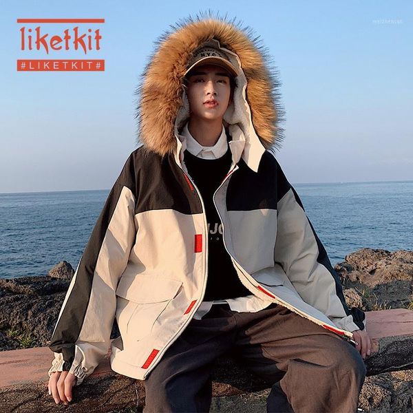 

liketkit mens winter parkas 2019 male oversize color patch thick hooded overcoat mens wool collar korean couples windbreaker ins1, Black