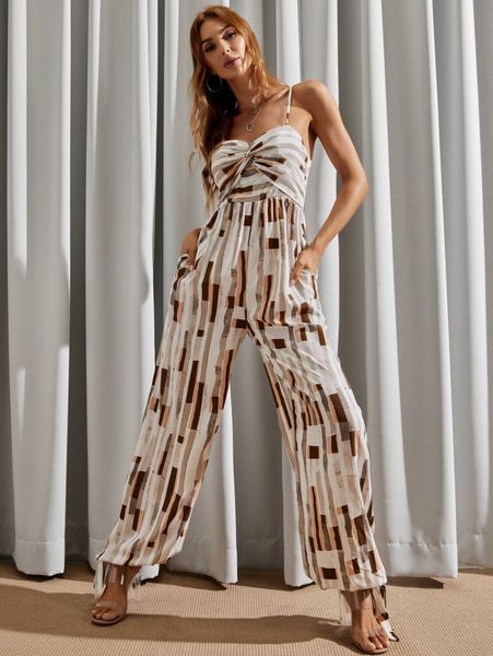 

luukse striped print twist front knot hem cami jumpsuit h8nc#, White