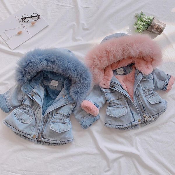 

winter girls warm down jacket plus velvet kids fashion denim coat children's padded parka fur collar baby girls hooded outerwear lj2010, Blue;gray