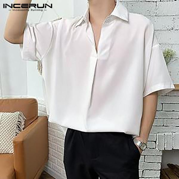 

men's casual shirts incerun solid color men shirt lapel short sleeve summer breathable 2021 blouse streetwear leisure camisa masculian, White;black