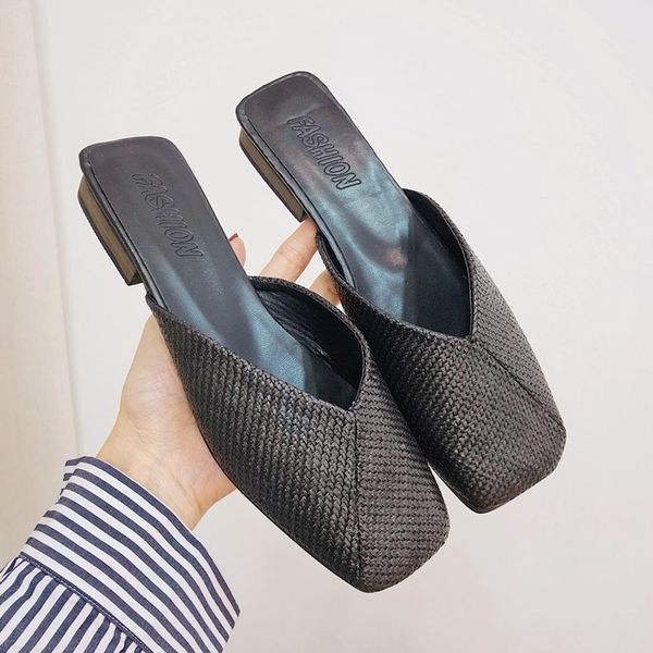 

slhjc women leather slippers retro square toe mules shoes 2020 summer lady low heel fashion sandals slip on drags x1020, Black