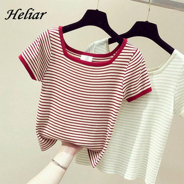 

heliar 2020 summer women square t-shirt collar knitting t-shirt with button cotton ladies fashion striped short sleeve1, White