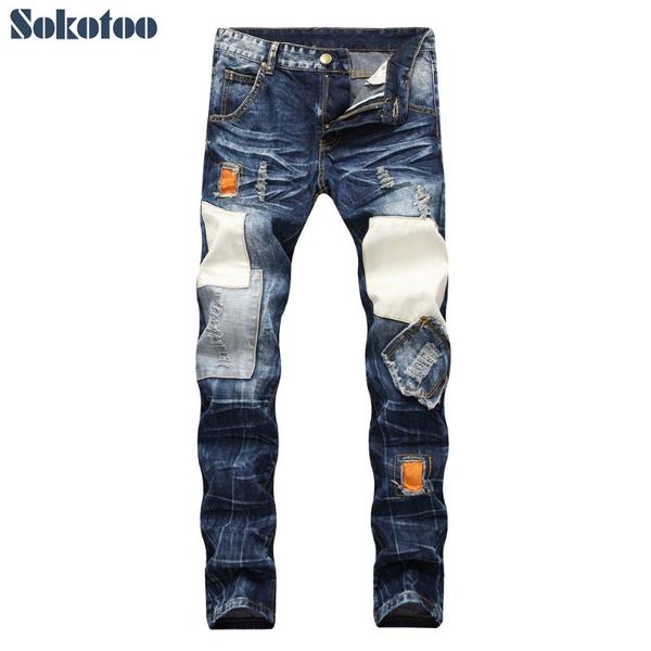 

sokotoo men's patchwork ripped slim straight jeans plus size vintage patches holes distressed denim beggar pants, Blue