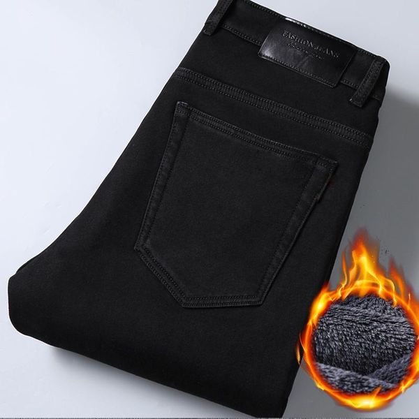 

bussiness casual straight men jeans 2020 winter warm fleece high black full length men clothing, Blue