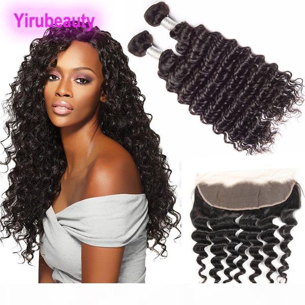 

indian virgin hair extensions bundles with 13x4 lace frontal ear to ear part 3pieces lot human hair deep wave indian curly yiruhair, Black;brown