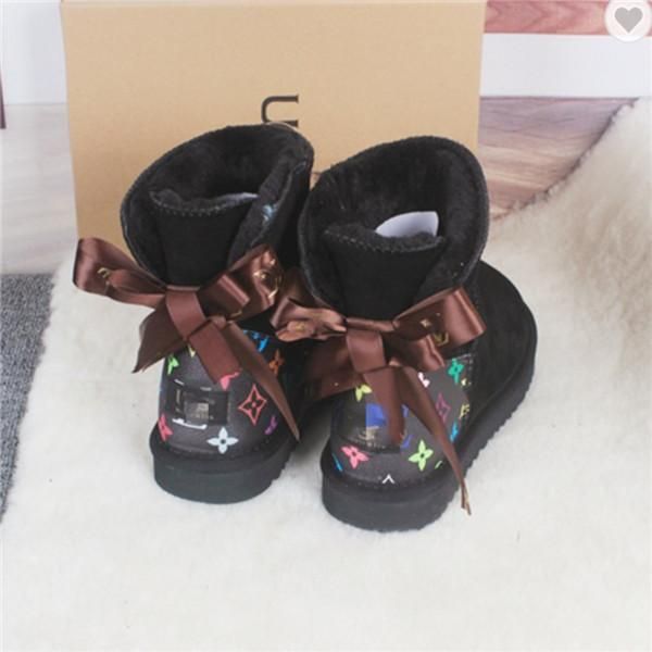

2020 high fashion custom boots fauk wool fur shoes with bow-knot winter warm snow women boots, Black