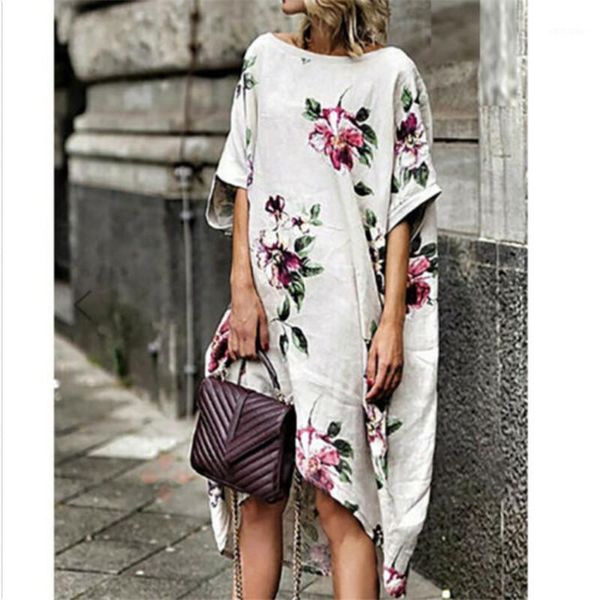 

women fashion floral print boho dress ladies summer casual loose short sleeve cotton linen kaftan dress females asymmetric1, White;black