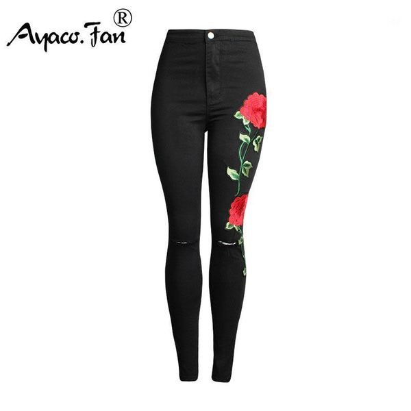 

2018 new high waist black embroidery jeans without ripped vintage woman fashion floral denim pants trousers for women jeans1, Blue