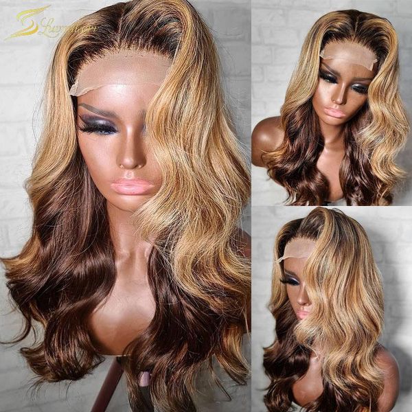 

highlight brown honey blonde lace front wig body wave ombre colored human hair wigs for black women preplucked full density 250%, Black;brown