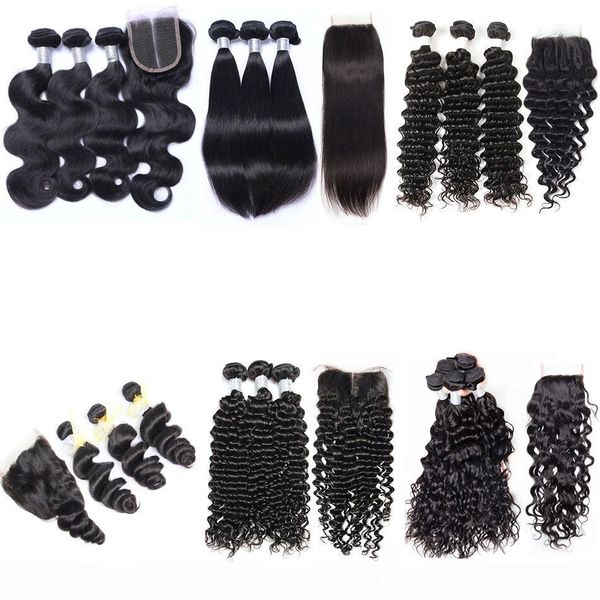 

8a brazilian virgin hair weave 3 bundles with lace closure unprocessed human hair body wave straight deep curly water wet and wavy closures, Black